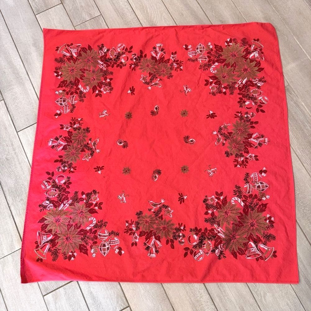 Vintage Red Holiday Christmas Cotton Tablecloth Pinecones Bells Birds 45x46